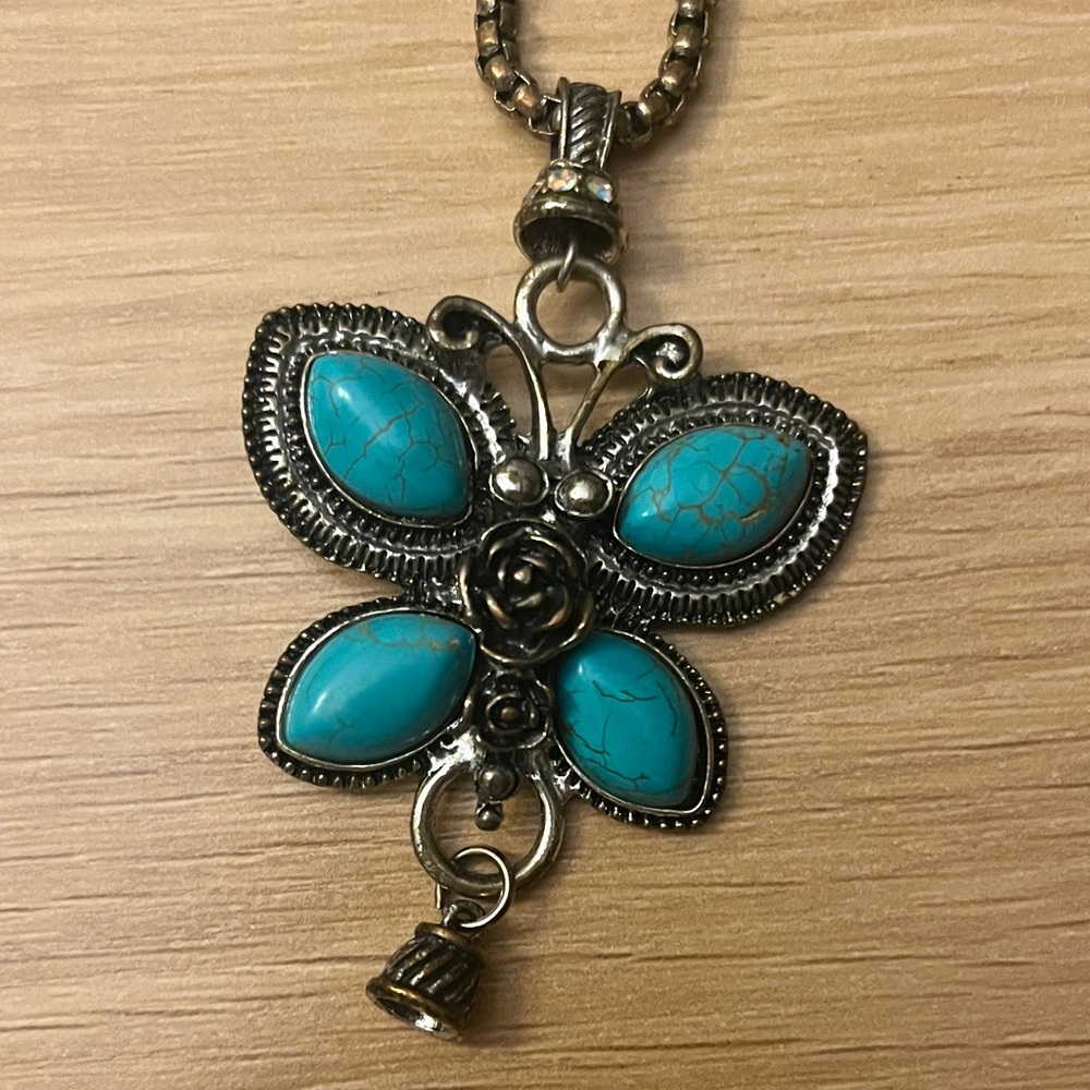 Turquoise Butterfly Pendant Necklace Costume Jewelry